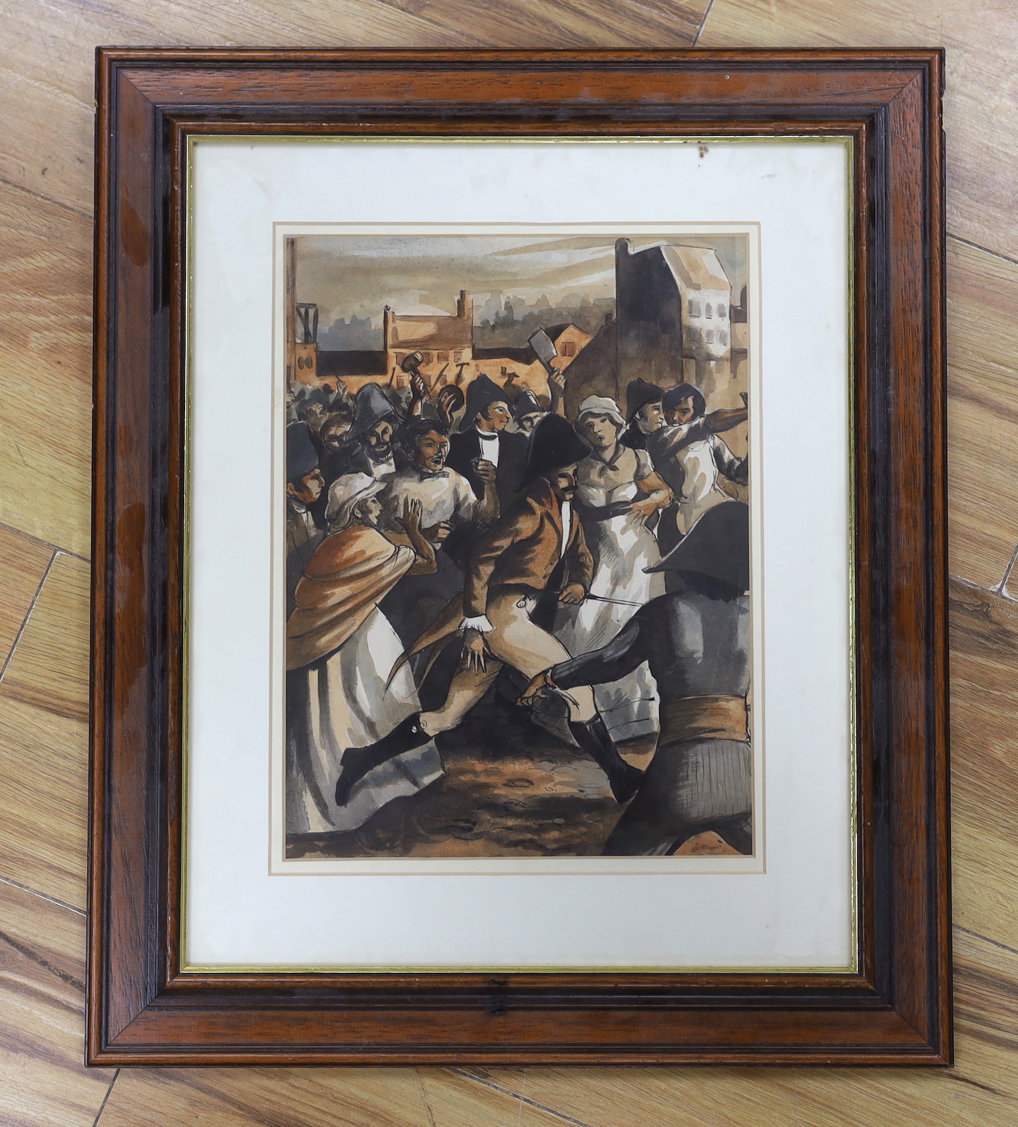 Michael Manning, pen, ink and watercolour, French Revolutionary scene, initialled, 30 x 22cm
